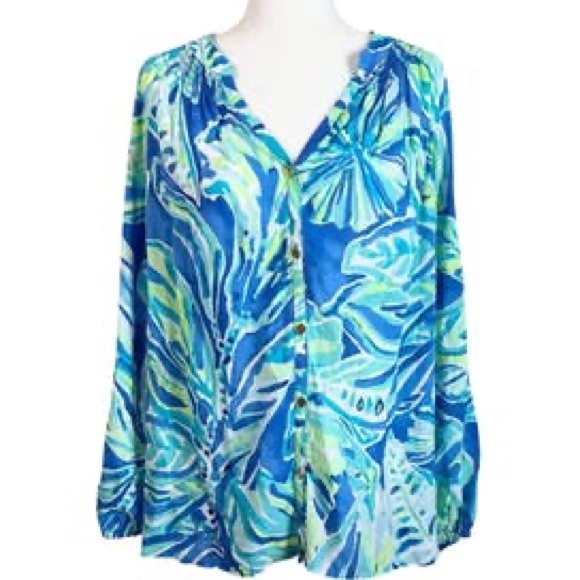 SMALL Lilly Pulitzer Blue Beckon Palm Passage Tropical Elsa Button Down Top XXS - Picture 3 of 13